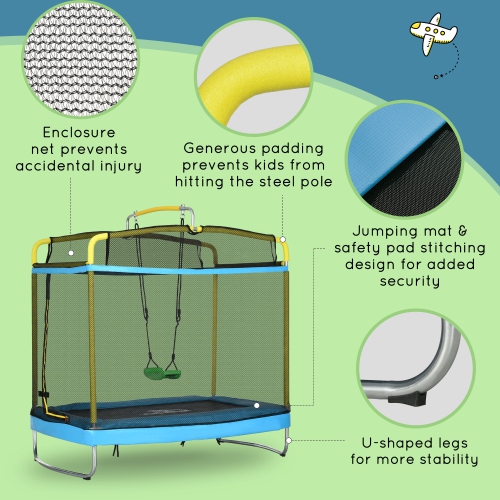 Qaba 6.9FT Trampoline for Kids, 3 In 1 Mini Trampoline with Safety Net, Gymnastics Bar, Swing, Toddler Trampoline for Baby 3+ Years Old