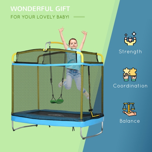 Qaba 6.9FT Trampoline for Kids, 3 In 1 Mini Trampoline with Safety Net, Gymnastics Bar, Swing, Toddler Trampoline for Baby 3+ Years Old