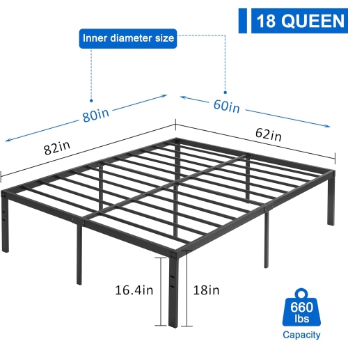 Cadre de lit plateforme en métal de 18 po/base de matelas facile à assembler/lattes en acier robuste/pas de sommier requis - Grand lit