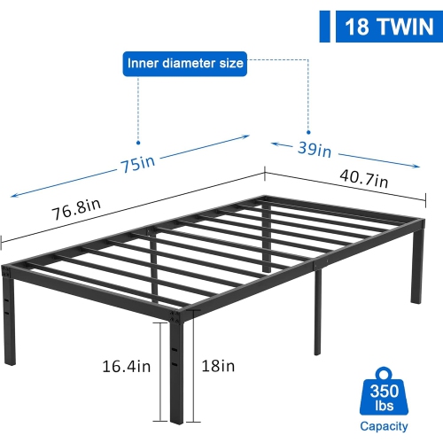 18 Inch Metal Platform Bed Frame/ Easy Assembly Mattress Foundation /Heavy Duty Steel Slat/ /No Box Spring Needed- Twin Size
