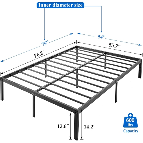 Cadre de lit plateforme en métal de 14 po/base de matelas facile à assembler/lattes en acier robuste/pas de sommier requis - lit double