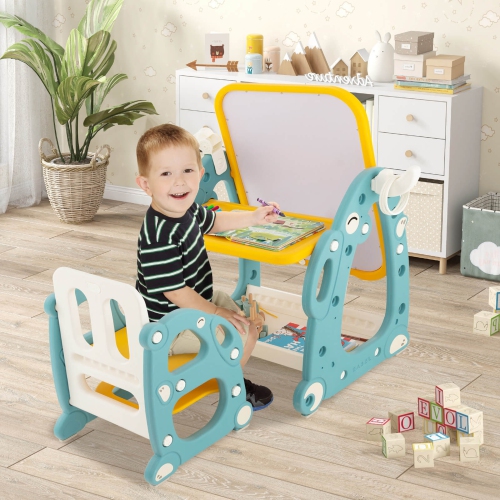 Gymax Kids Art Easel with Chair Kids Activity Table & Chair Set w/ Storage Basket