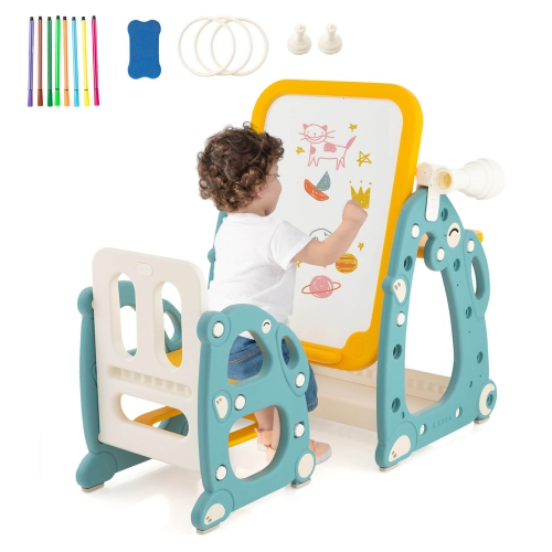 Gymax Kids Art Easel with Chair Kids Activity Table & Chair Set w/ Storage Basket