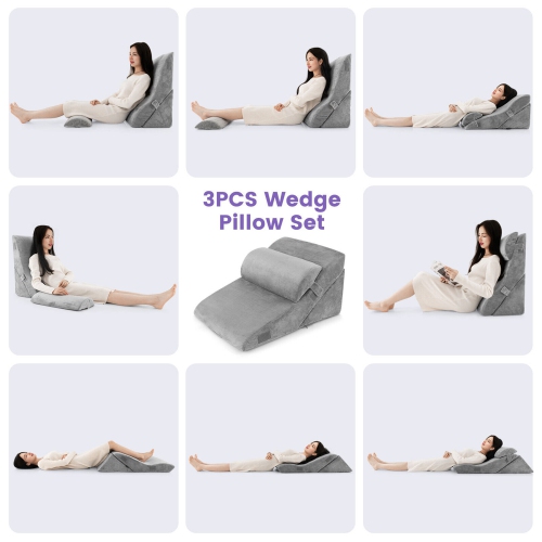 Gymax 3PCS Orthopedic Bed Wedge Pillow Set Adjustable Support for Back Neck Grey