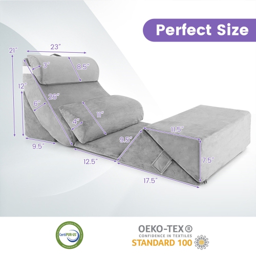 Gymax 7PCS Bed Wedge Pillow Set Adjustable Back Neck Leg Support Memory Foam Grey