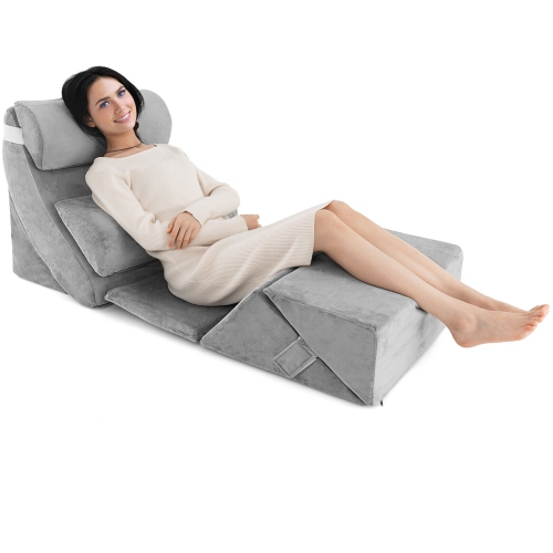 Gymax 7PCS Bed Wedge Pillow Set Adjustable Back Neck Leg Support Memory Foam Grey