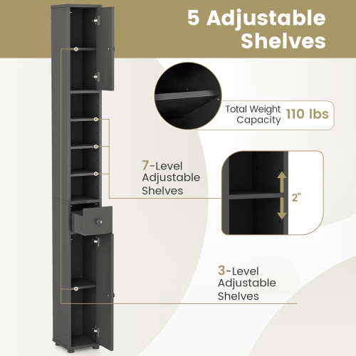 Gymax Tall Slim Bathroom Storage Cabinet Linen Tower w/Drawer Adjustable Shelves