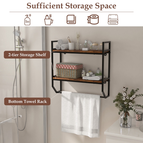 Gymax Wall Mounted Bathroom Shelf Industrial 2-Tier Storage Rack w/ Towel Bar Kitchen