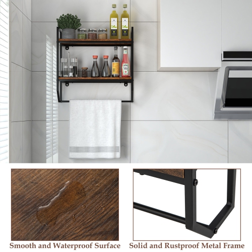 Gymax Wall Mounted Bathroom Shelf Industrial 2-Tier Storage Rack w/ Towel Bar Kitchen