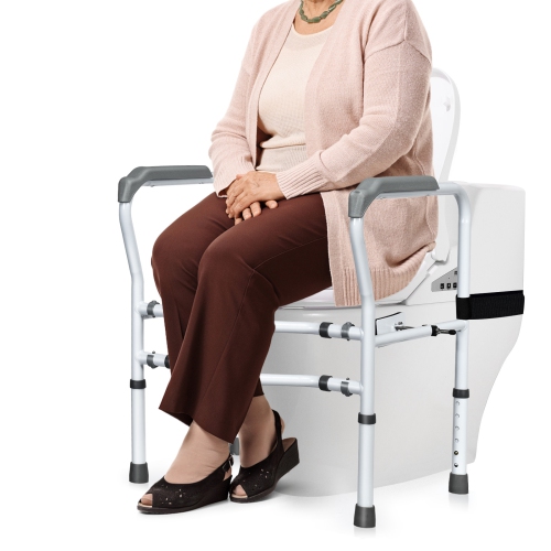 Gymax Adjustable Toilet Safety Frame & Rail Stand Alone Bathroom Toilet Handrail