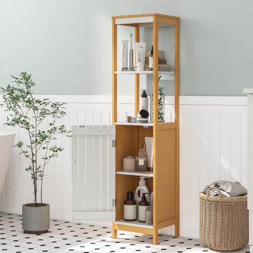 Gymax Tall Bathroom Floor Cabinet Bamboo Bathroom Storage w/Adjustable Shelf &Cupboard
