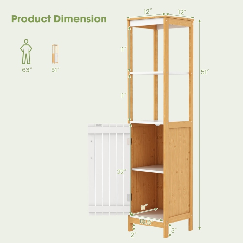 Gymax Tall Bathroom Floor Cabinet Bamboo Bathroom Storage w/Adjustable Shelf &Cupboard