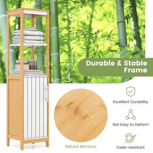 Gymax Tall Bathroom Floor Cabinet Bamboo Bathroom Storage w/Adjustable Shelf &Cupboard