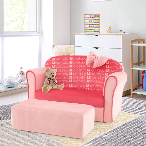 Gymax Kids Double Sofa Velvet Upholstered Sofa Couch w/Footstool & Armrests Pink