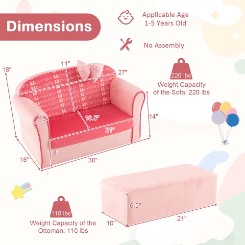 Gymax Kids Double Sofa Velvet Upholstered Sofa Couch w/Footstool & Armrests Pink
