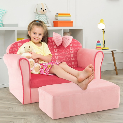 Gymax Kids Double Sofa Velvet Upholstered Sofa Couch w/Footstool & Armrests Pink
