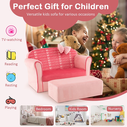 Gymax Kids Double Sofa Velvet Upholstered Sofa Couch w/Footstool & Armrests Pink