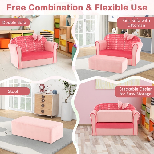 Gymax Kids Double Sofa Velvet Upholstered Sofa Couch w/Footstool & Armrests Pink