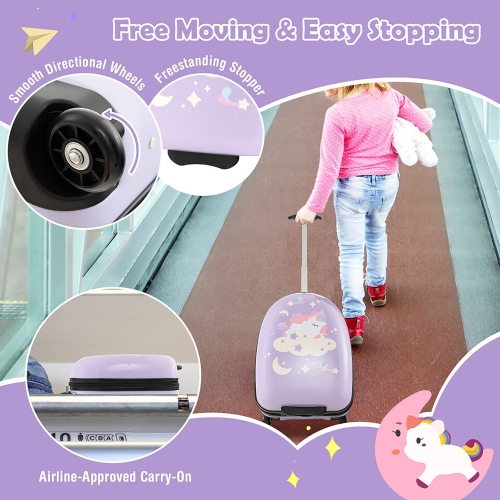 Gymax 16'' Kids Carry-On Luggage with Wheels w/ 2-Level Aluminum Handle Suitcase Purple