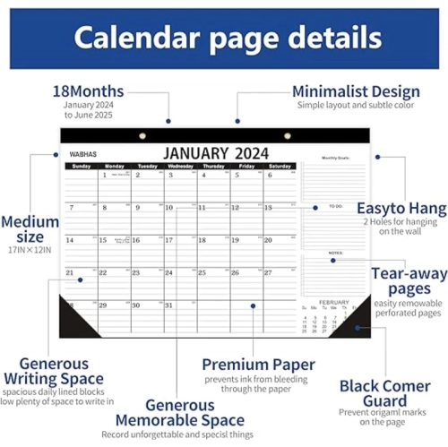 2024-2025 Grand calendrier de bureau – 18 mois, du 2024 janvier au 2025 juin – 17 x 12 po – avec liste de choses à faire, papier épais et protecteurs