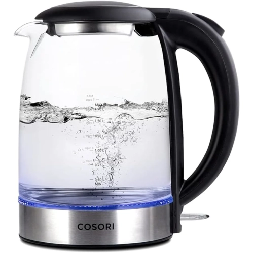 COSORI  Efficient 1.7L Electric Kettle - 1500W, Wide Opening Glass Tea Kettle, Stainless Steel Filter, Led Indicator, Auto Shut-Off, Boil-Dry