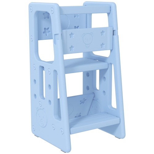 Qaba Toddler Kitchen Helper 2 Step Stool with Adjustable Height Platform and Safety Rail, Light Blue