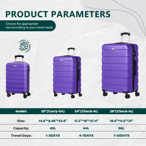 Coolhut 3 Piece Luggage Sets Pink Hardside Suitcase with TSA Lock, 4 Universal Wheels Carry On 20 24 28 in