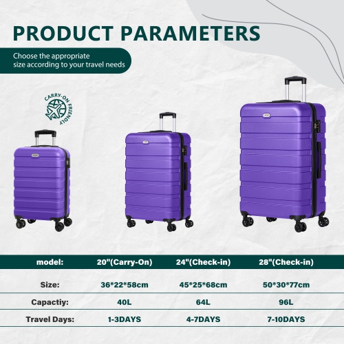 Coolhut 3 Piece Luggage Sets Pink Hardside Suitcase with TSA Lock, 4 Universal Wheels Carry On 20 24 28 in