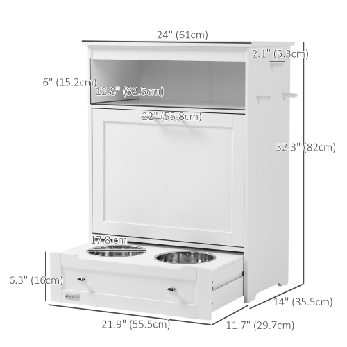 PawHut Cat Dog Feeding Station, Dog Food Storage Cabinet, Pet Feeder Container with Raised Bowls and Hanger for Feeding & Watering Supplies, White