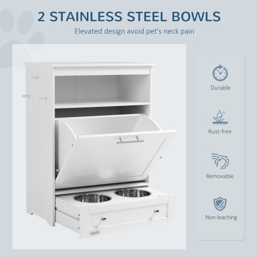 PawHut Cat Dog Feeding Station, Dog Food Storage Cabinet, Pet Feeder Container with Raised Bowls and Hanger for Feeding & Watering Supplies, White