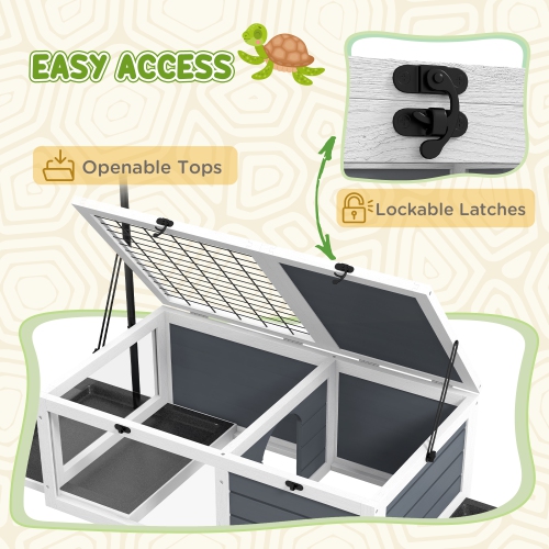 PawHut Tortoise House Wooden Tortoise Enclosure Indoor Outdoor Turtle Habitat with Adjustable Lamp Holder, Openable Lids, Pull-out Trays, 32" L x 19"