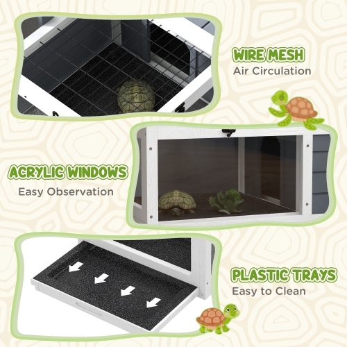 PawHut Tortoise House Wooden Tortoise Enclosure Indoor Outdoor Turtle Habitat with Adjustable Lamp Holder, Openable Lids, Pull-out Trays, 32" L x 19"