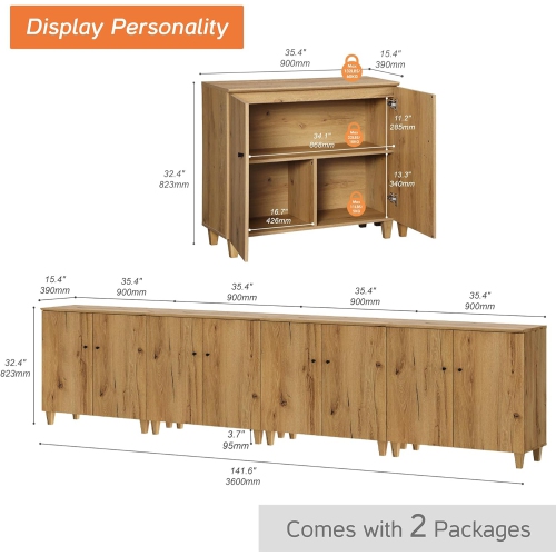 WAMPAT Sideboards Storage Cabinets with Doors, 4-in-1 Extra Wide Kitchen Wood Long Buffet Server Table with 12 Compartments for Dining Living Room,