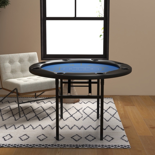 Table de poker pliable Soozier, table de jeu de poker ronde Blackjack Casino Texas Holdem de 47 po pour 8 joueurs avec porte-gobelets, bleu et noir