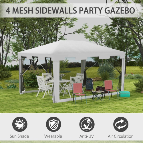 Outsunny 10x13ft Outdoor Gazebo Canopy, Garden Party Tent Patio, Sun Shade Shelter Wedding Tent with Mesh Sidewalls and 2 Doors, White