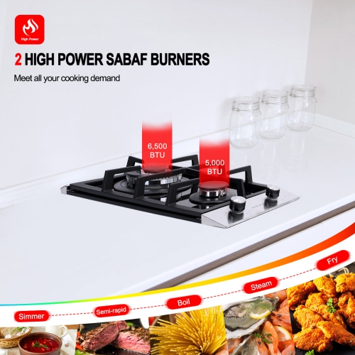 GASLAND 12" 2 Burners NG/LPG Convertible Gas Cooktop, ETL Certified, Stainless Steels, Black