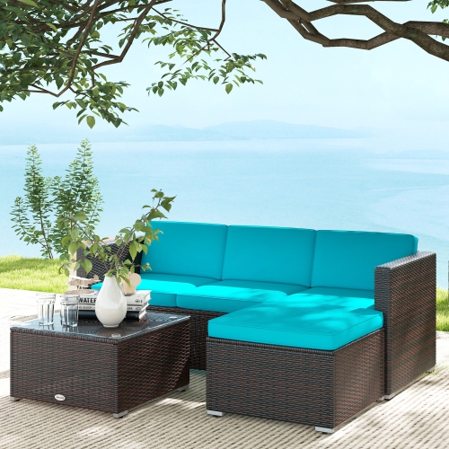 Outsunny 3 Pieces Patio Furniture Set with Cushions, Outdoor PE Rattan Wicker Conversation Corner Sofa Set with Glass Top Table and Adjustable Foot