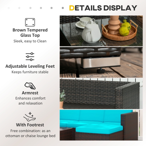 Outsunny 3 Pieces Patio Furniture Set with Cushions, Outdoor PE Rattan Wicker Conversation Corner Sofa Set with Glass Top Table and Adjustable Foot