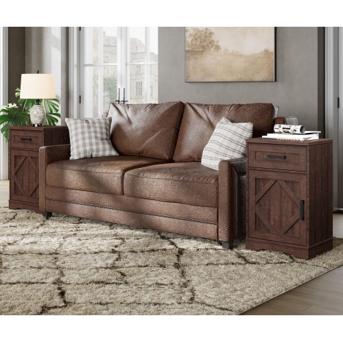 WAMPAT 2 Pack End Table with 1 Drawer & Door, Farmhouse Large Sofa Side Table, Modern Tall Nightstand with Adjustable Storage Shelf, Accent Cabinet