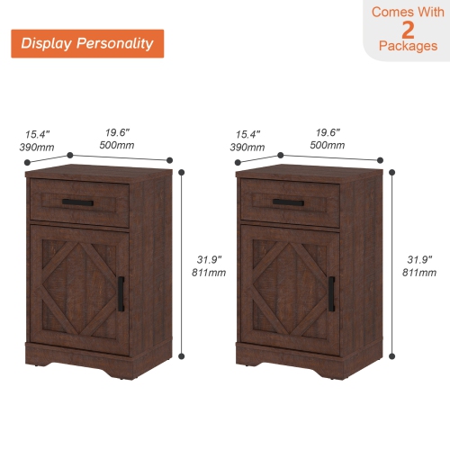 WAMPAT 2 Pack End Table with 1 Drawer & Door, Farmhouse Large Sofa Side Table, Modern Tall Nightstand with Adjustable Storage Shelf, Accent Cabinet