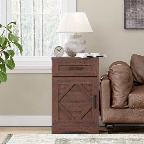 WAMPAT 2 Pack End Table with 1 Drawer & Door, Farmhouse Large Sofa Side Table, Modern Tall Nightstand with Adjustable Storage Shelf, Accent Cabinet