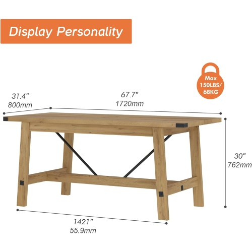 WAMPAT Farmhouse Dining Room Table for 6 Person, 67.7 Inch Rectangular Wood Modern Kitchen Table with Metal Decor and Footrest,Oak