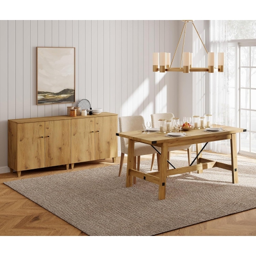 WAMPAT Farmhouse Dining Room Table for 6 Person, 67.7 Inch Rectangular Wood Modern Kitchen Table with Metal Decor and Footrest,Oak