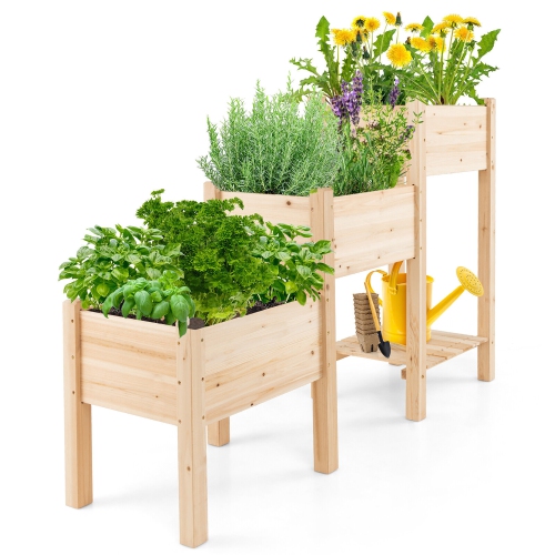 Gymax 3-Tier Wooden Garden Bed Elevated Planter w/ 3 Planter Boxes, Open Storage Shelf
