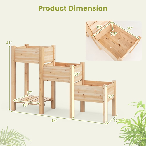 Gymax 3-Tier Wooden Garden Bed Elevated Planter w/ 3 Planter Boxes, Open Storage Shelf