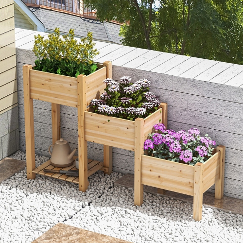 Gymax 3-Tier Wooden Garden Bed Elevated Planter w/ 3 Planter Boxes, Open Storage Shelf