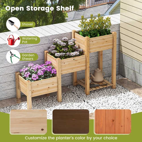 Gymax 3-Tier Wooden Garden Bed Elevated Planter w/ 3 Planter Boxes, Open Storage Shelf