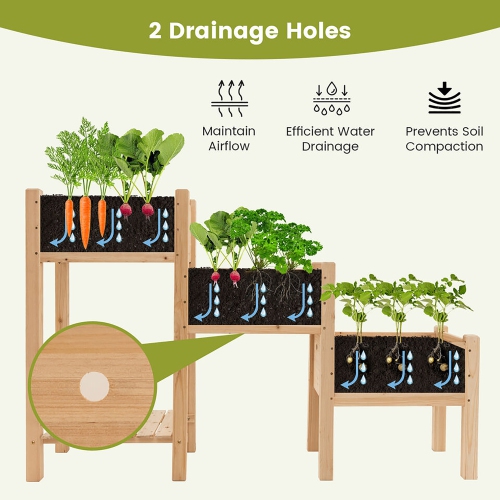 Gymax 3-Tier Wooden Garden Bed Elevated Planter w/ 3 Planter Boxes, Open Storage Shelf