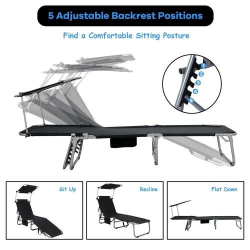 Gymax Set of 2 Foldable Lounge Chair Adjustable Outdoor Beach Patio Recliner W/ Sun Shade