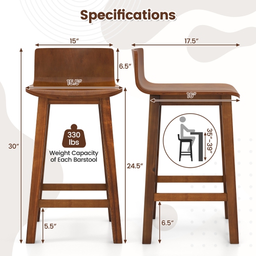 Gymax 24.5'' Solid Wood Bar Stools Set of 4 Home Counter Kitchen Stools w/ Low Backrest & Footrest